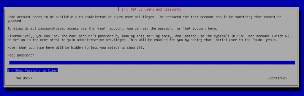Ein Screenshot aus der Debian-Installation bei der das Root-Passwort abgefragt wird.